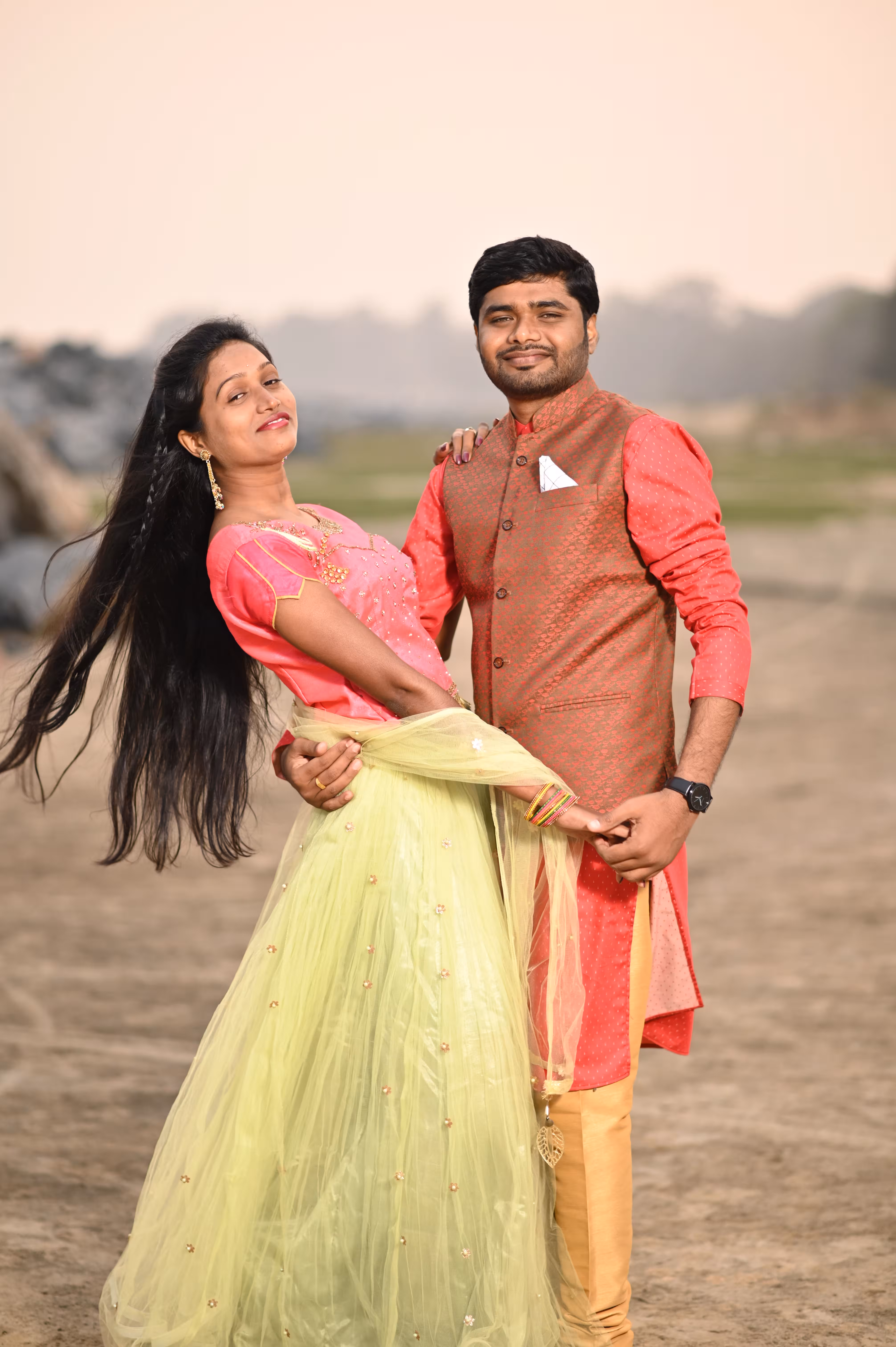 Bride and groom sharing a quiet moment during a golden-hour pre-wedding shoot by Nayak Studio